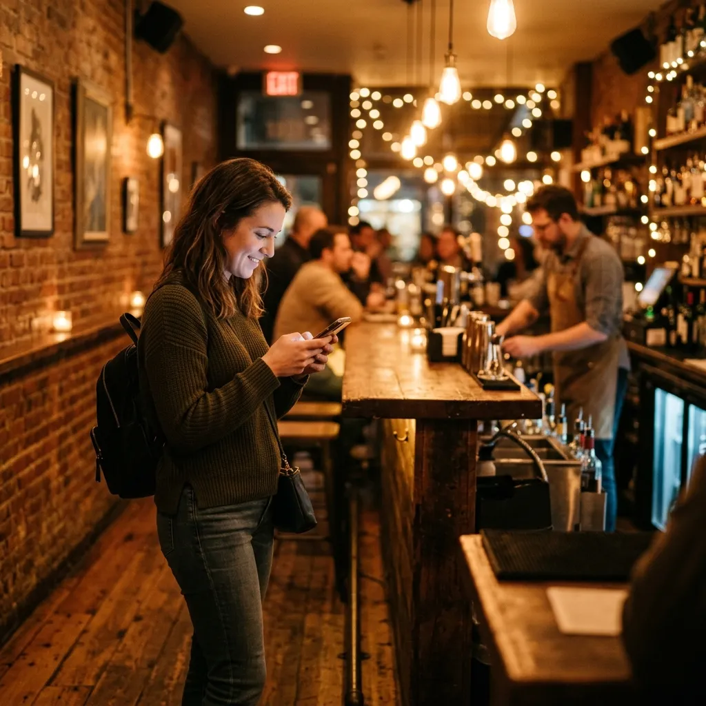 A guest waiting near the bar checks their place in line — and sees tonight's cocktail special on the same screen.