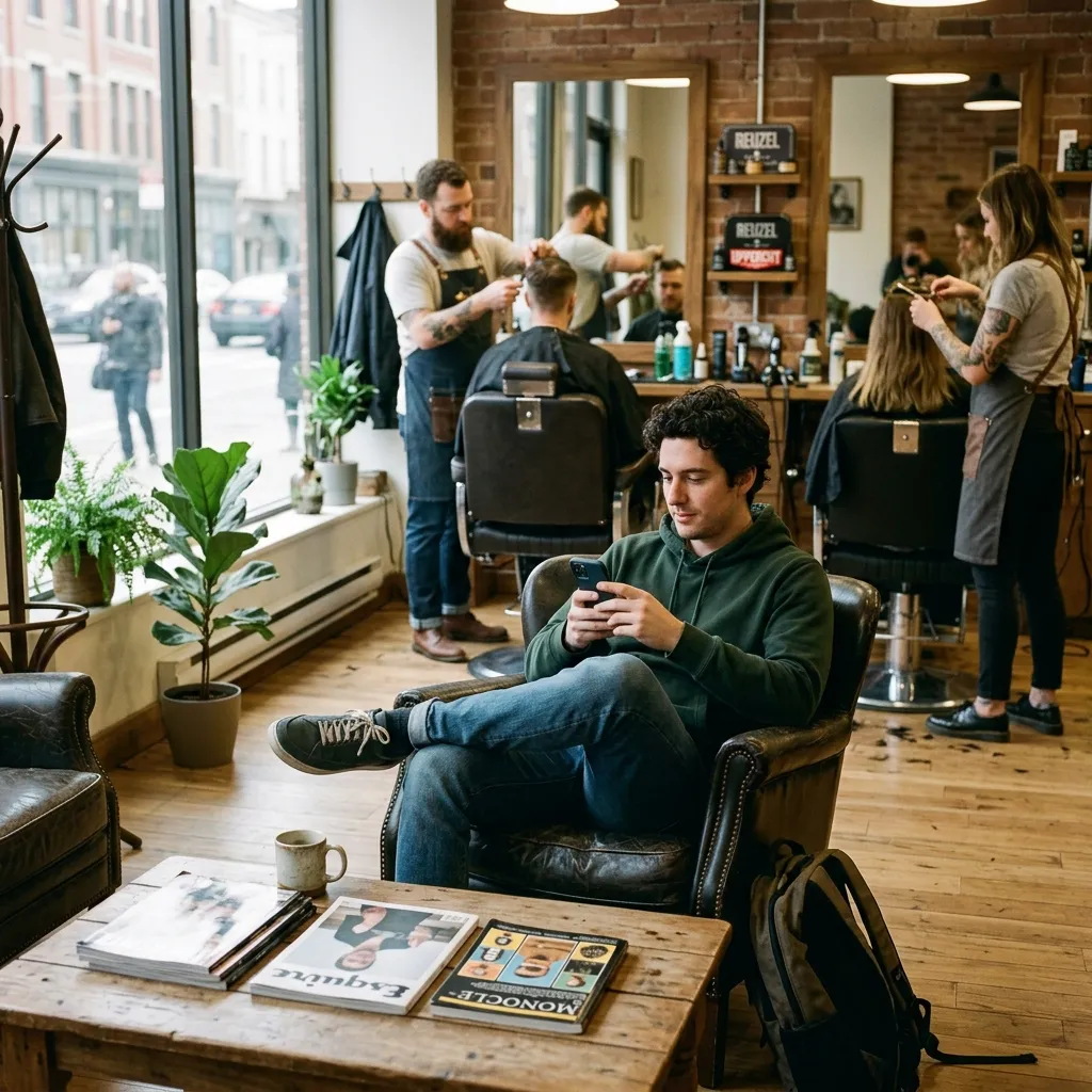 A guest waiting for a haircut browses an add-on treatment on their phone — no pressure, no counter pitch.