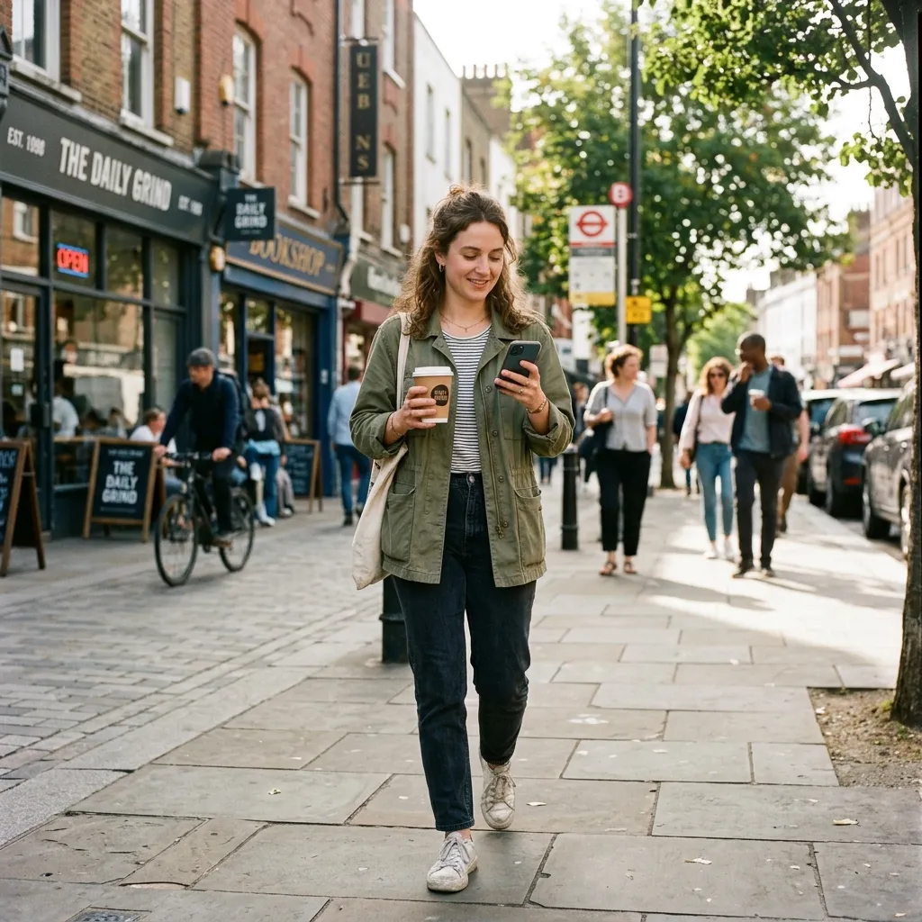 Freedom to wait anywhere: a customer grabs a coffee nearby, glancing at their live place in line instead of standing at the door.